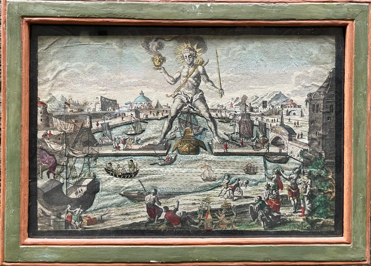 Il Colosso di Rodi – Vue d’optique giorno/notte, serie delle Sette Meraviglie, Probst. ca1770  