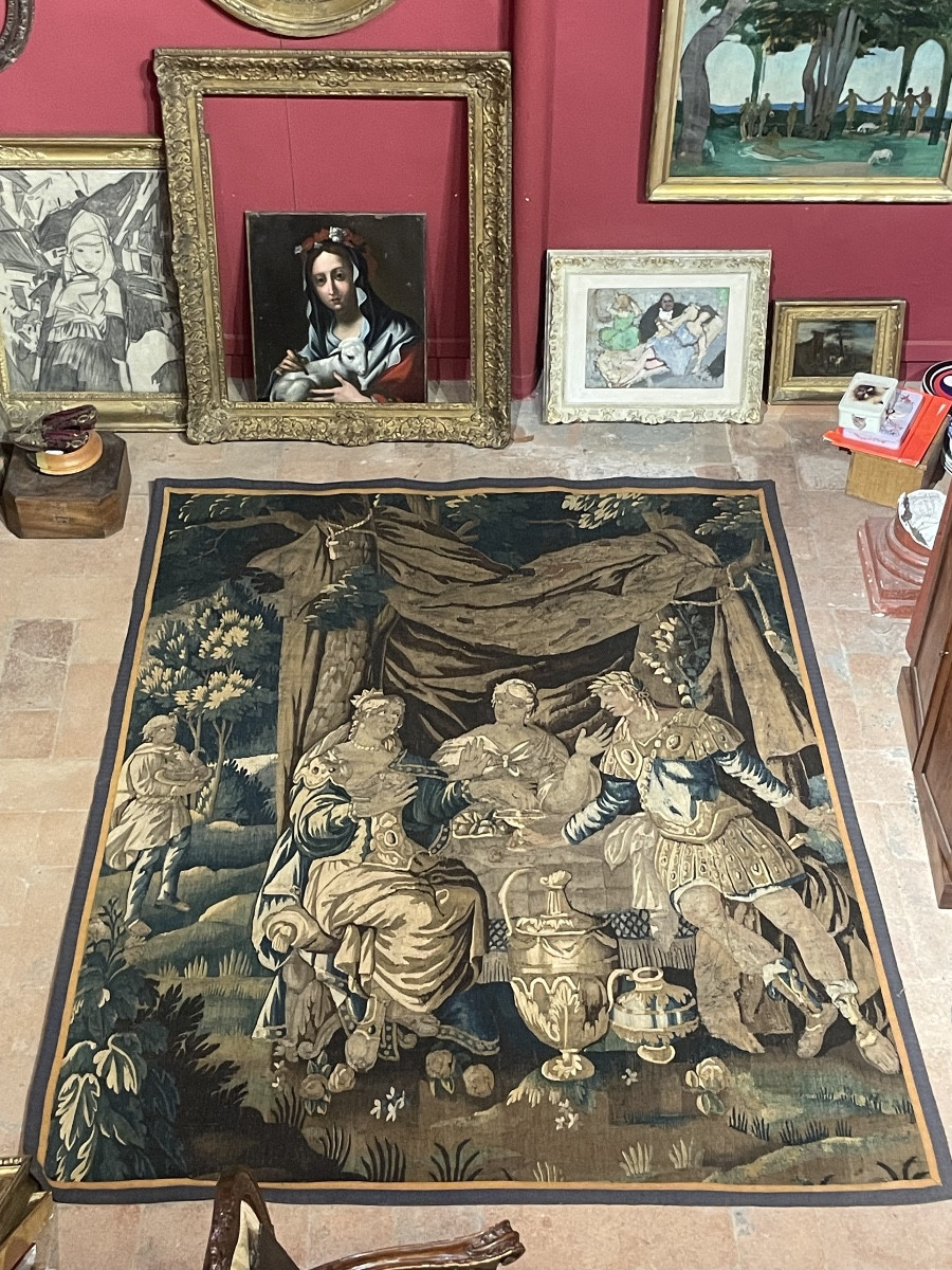 Tapisserie d’Aubusson représentant le Banquet de Cléopâtre et l’oreille de perle . Cm 240 x 200-photo-8
