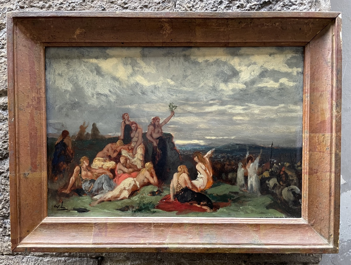 Sacerdotessa druidica e guerrieri celti, bozzetto dipinto, Parigi verso il 1870, monogrammato-photo-2