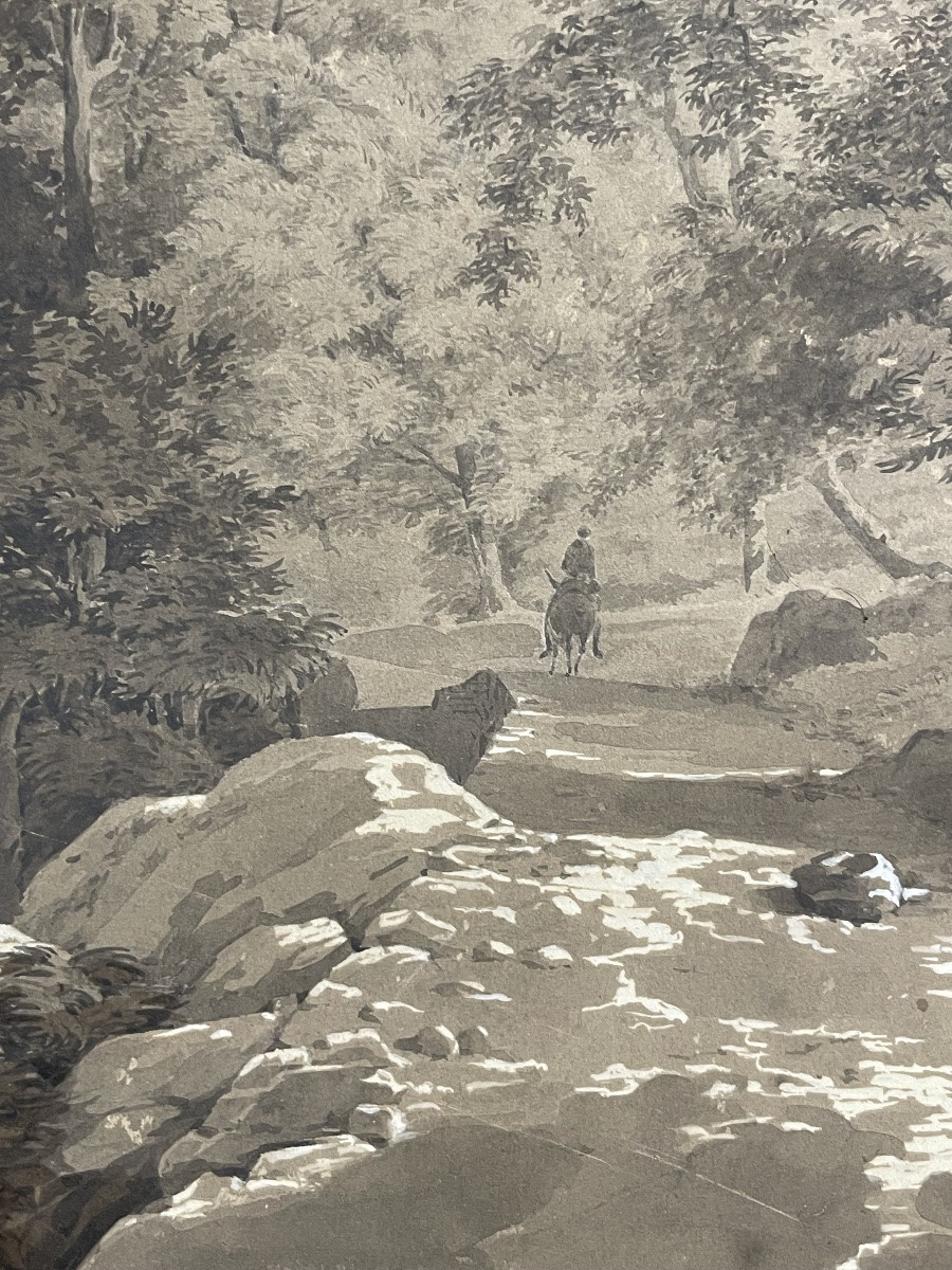 Paesaggio alpino del XIX secolo, viaggiatore su sentiero di montagna – disegno a china, ca 1840-photo-3