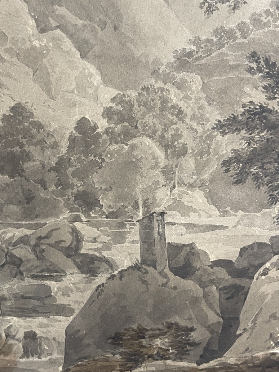 Paesaggio alpino del XIX secolo, viaggiatore su sentiero di montagna – disegno a china, ca 1840-photo-4