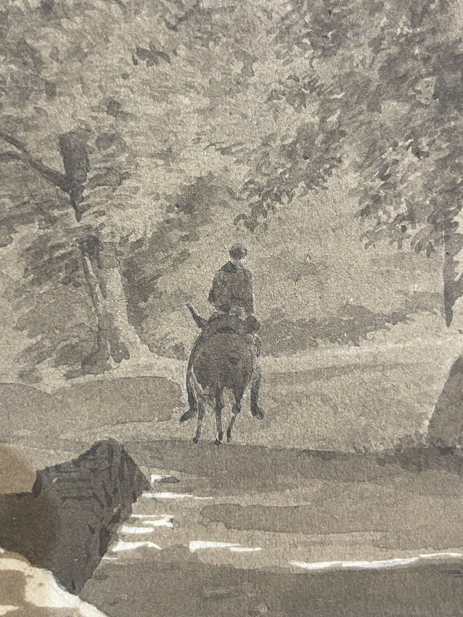 Paesaggio alpino del XIX secolo, viaggiatore su sentiero di montagna – disegno a china, ca 1840-photo-1