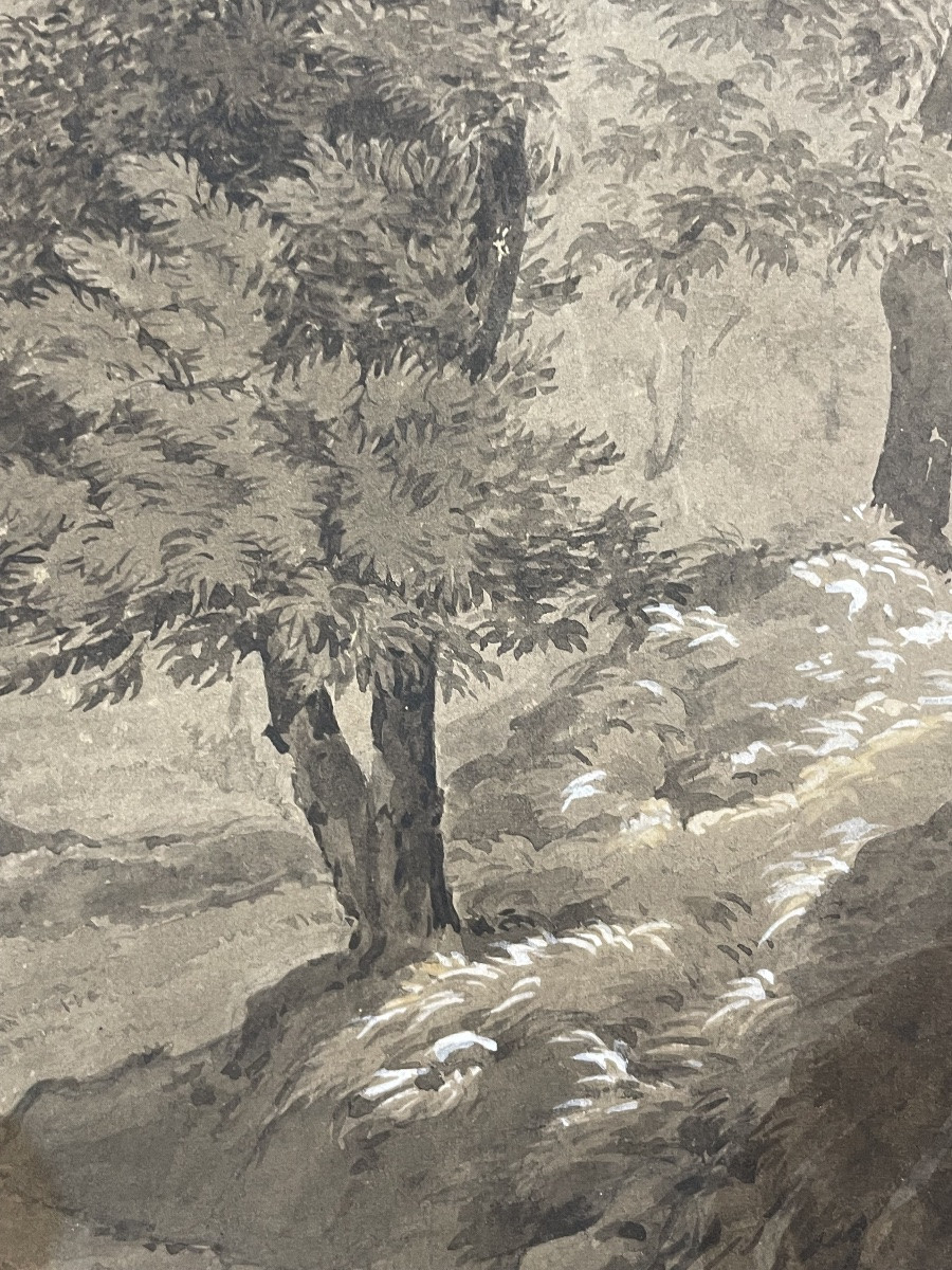 Paesaggio alpino del XIX secolo, viaggiatore su sentiero di montagna – disegno a china, ca 1840-photo-2