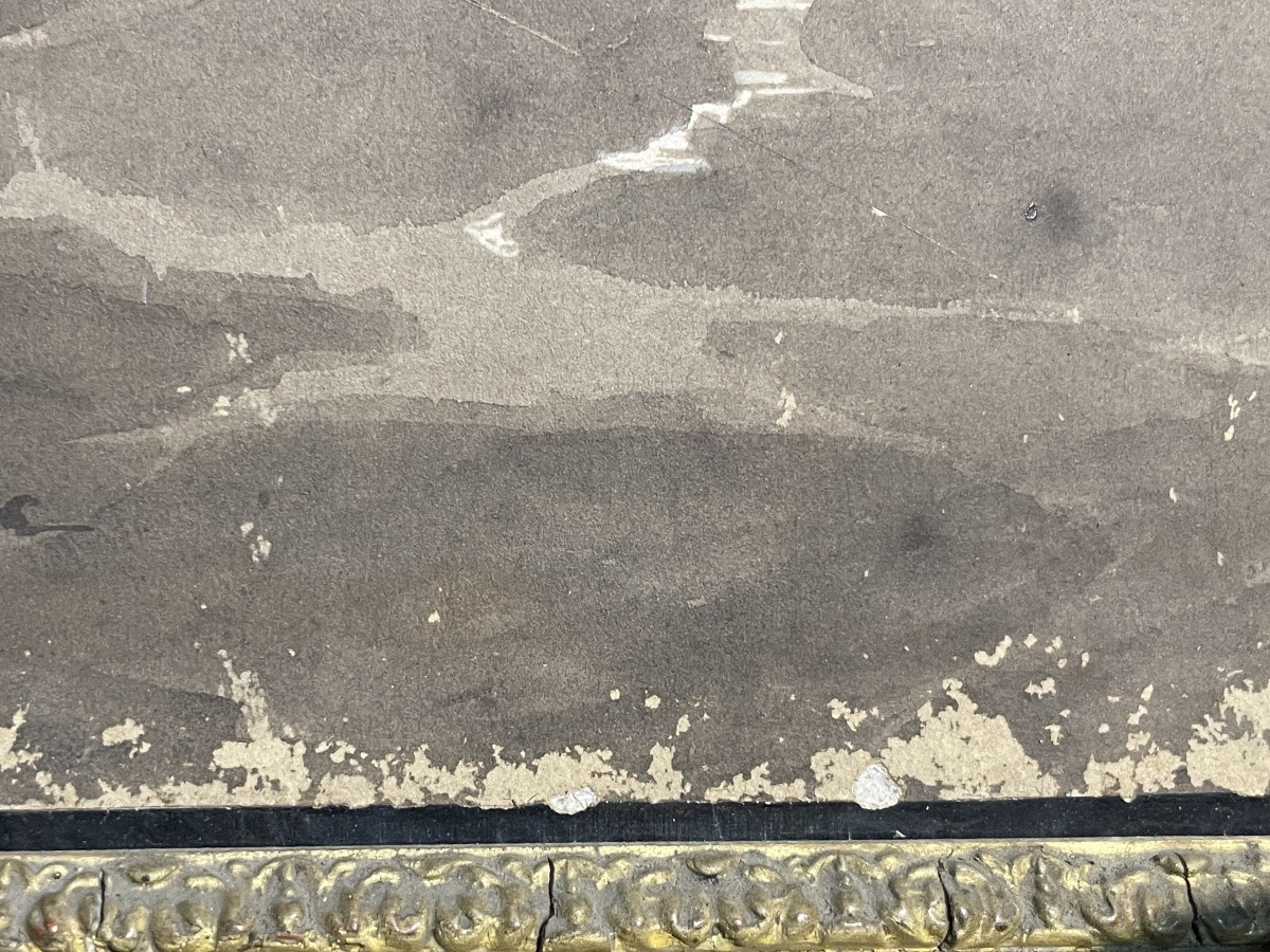 Paesaggio alpino del XIX secolo, viaggiatore su sentiero di montagna – disegno a china, ca 1840-photo-3