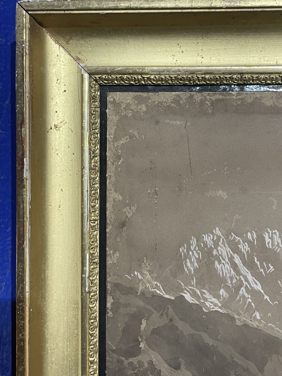 Paesaggio alpino del XIX secolo, viaggiatore su sentiero di montagna – disegno a china, ca 1840-photo-4