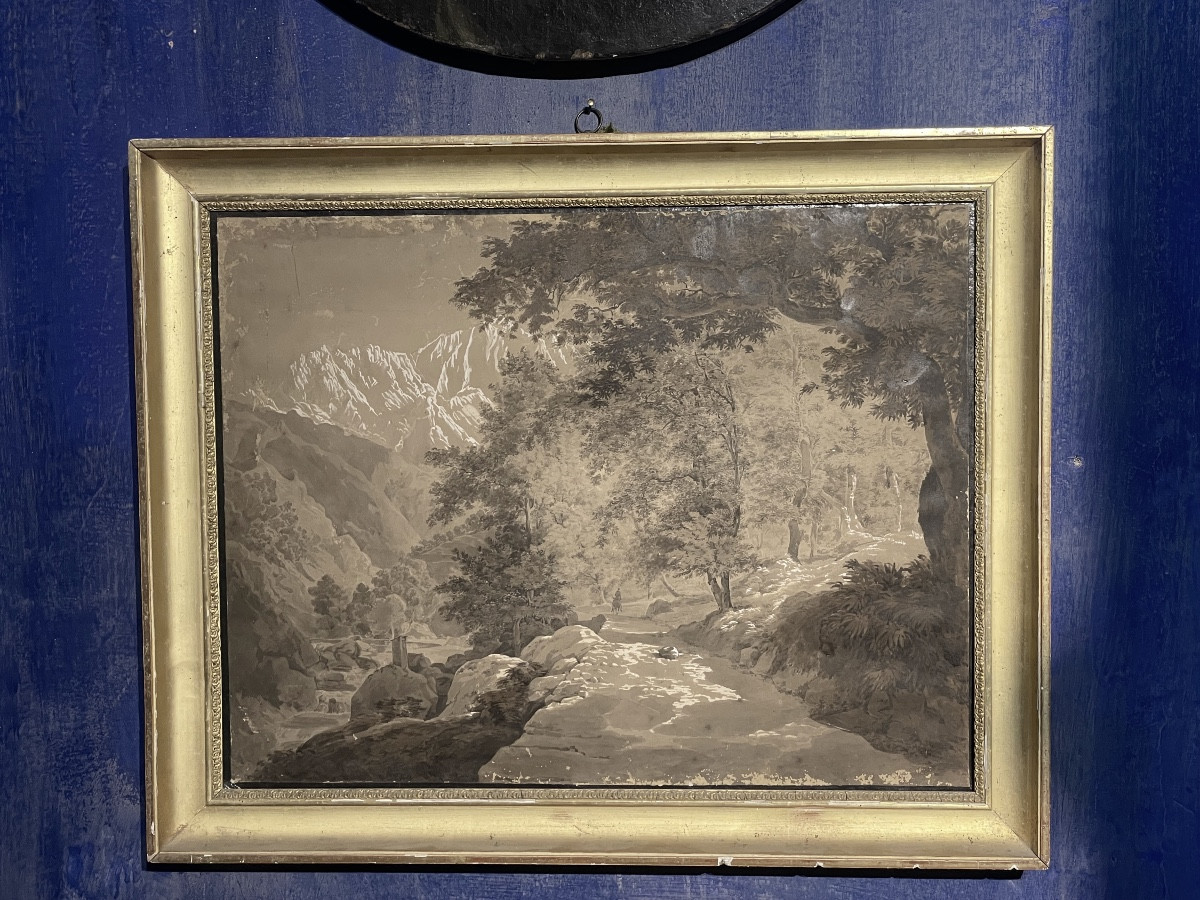 Paesaggio alpino del XIX secolo, viaggiatore su sentiero di montagna – disegno a china, ca 1840-photo-8