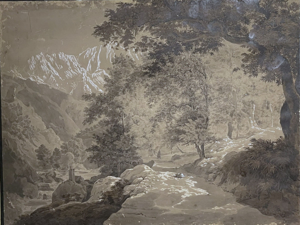 Paesaggio alpino del XIX secolo, viaggiatore su sentiero di montagna – disegno a china, ca 1840