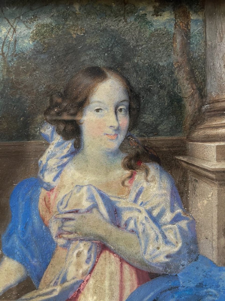 Ritratto di scuola olandese, circa 1670, giovane dama nel giardino davanti a balaustra-photo-2