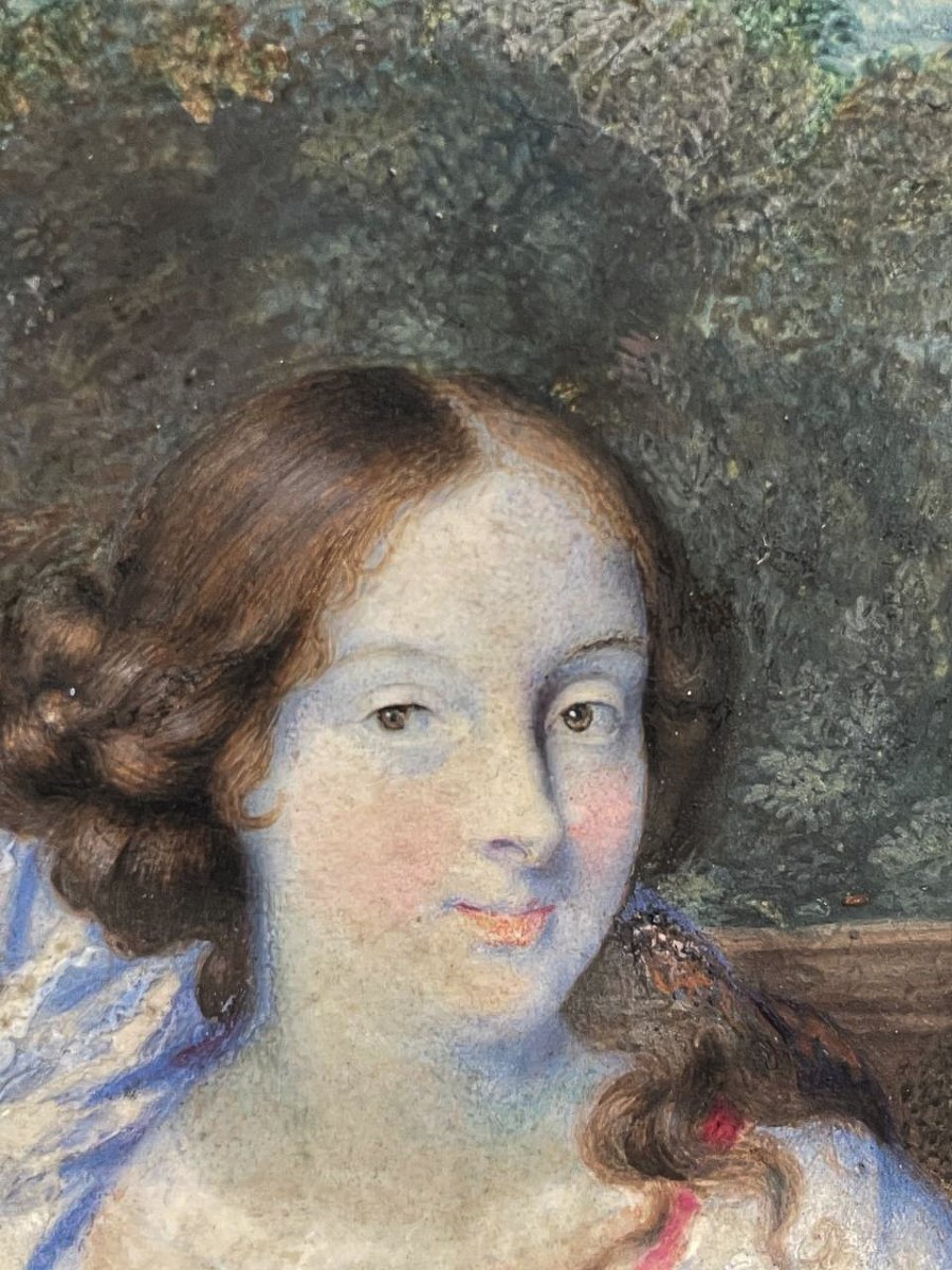 Ritratto di scuola olandese, circa 1670, giovane dama nel giardino davanti a balaustra-photo-4