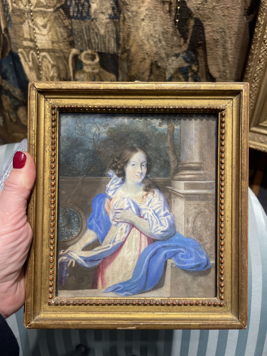 Ritratto di scuola olandese, circa 1670, giovane dama nel giardino davanti a balaustra-photo-2