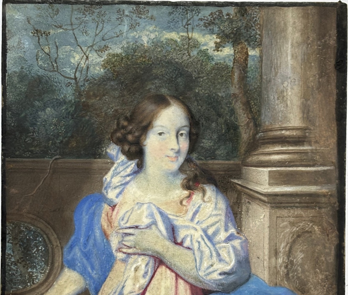 Ritratto di scuola olandese, circa 1670, giovane dama nel giardino davanti a balaustra-photo-4