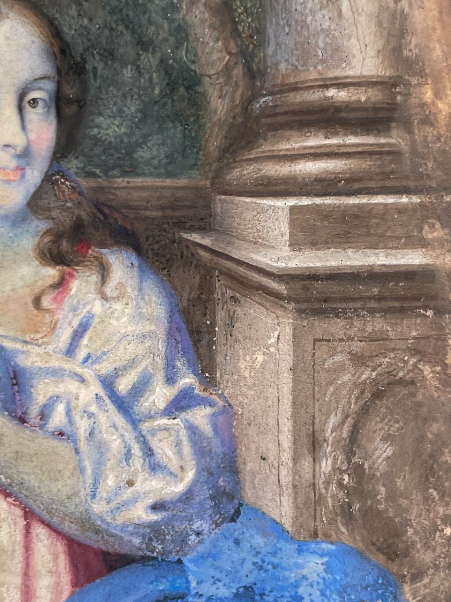 Ritratto di scuola olandese, circa 1670, giovane dama nel giardino davanti a balaustra-photo-2