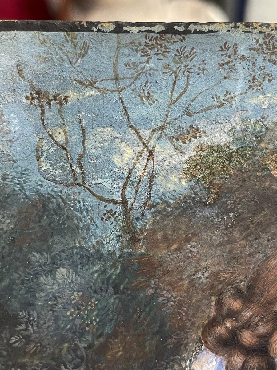 Ritratto di scuola olandese, circa 1670, giovane dama nel giardino davanti a balaustra-photo-3