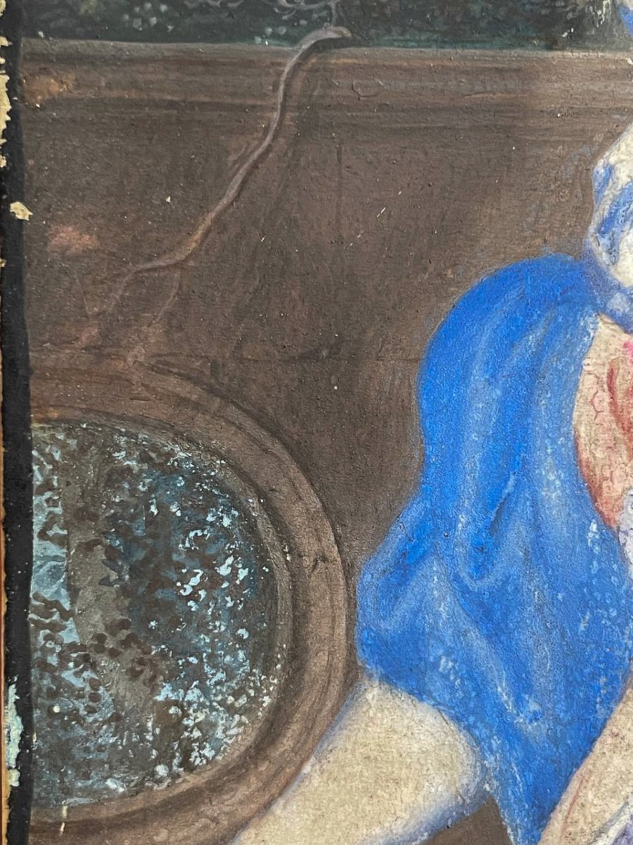 Ritratto di scuola olandese, circa 1670, giovane dama nel giardino davanti a balaustra-photo-4