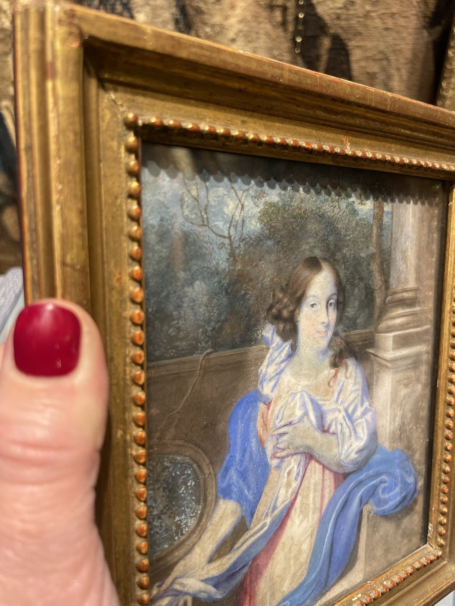 Ritratto di scuola olandese, circa 1670, giovane dama nel giardino davanti a balaustra-photo-3