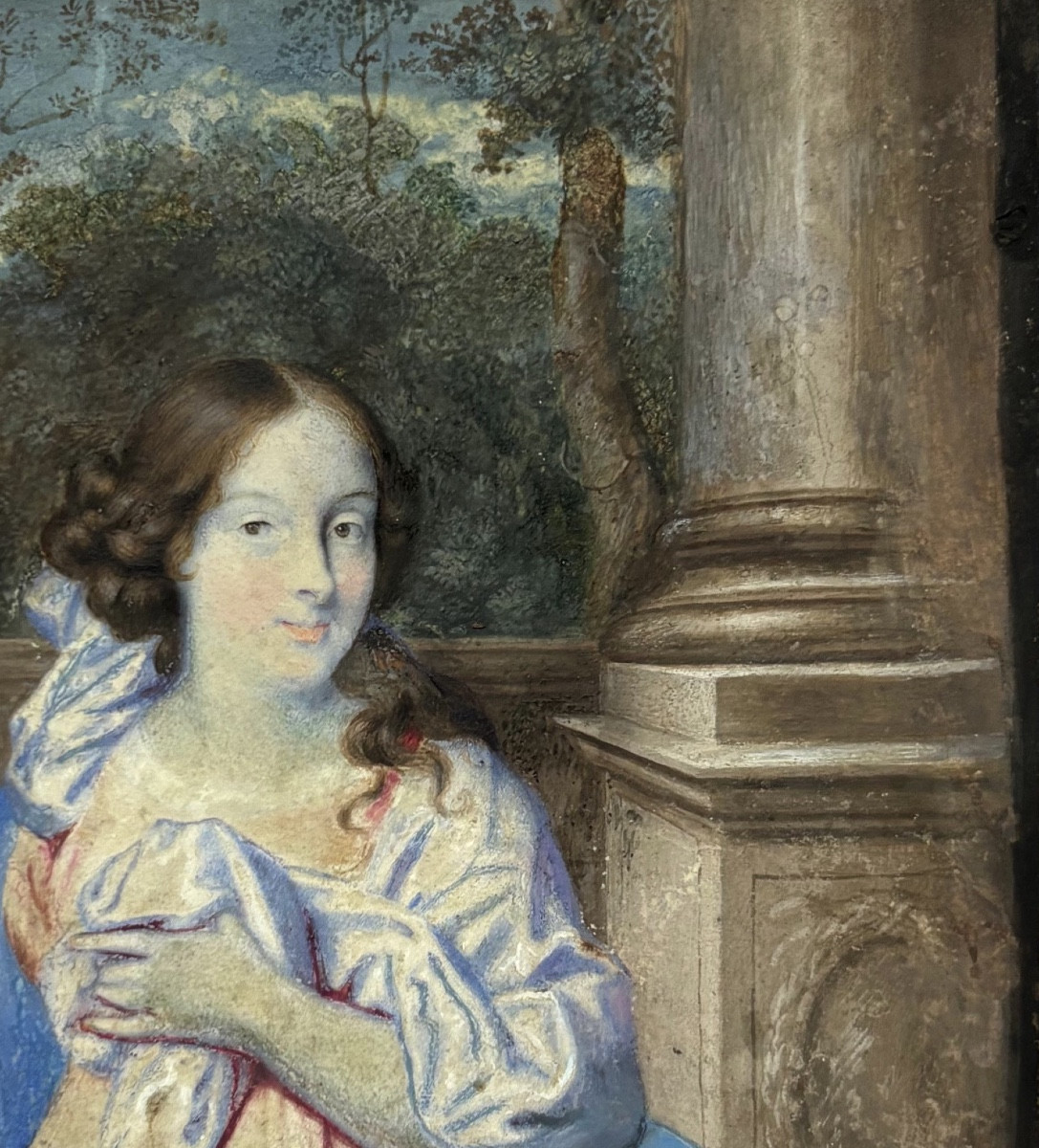 Ritratto di scuola olandese, circa 1670, giovane dama nel giardino davanti a balaustra-photo-1