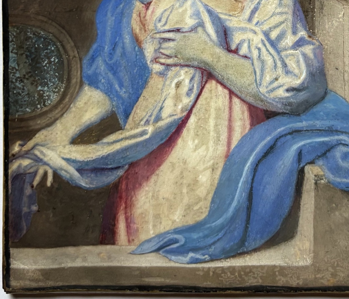 Ritratto di scuola olandese, circa 1670, giovane dama nel giardino davanti a balaustra-photo-2