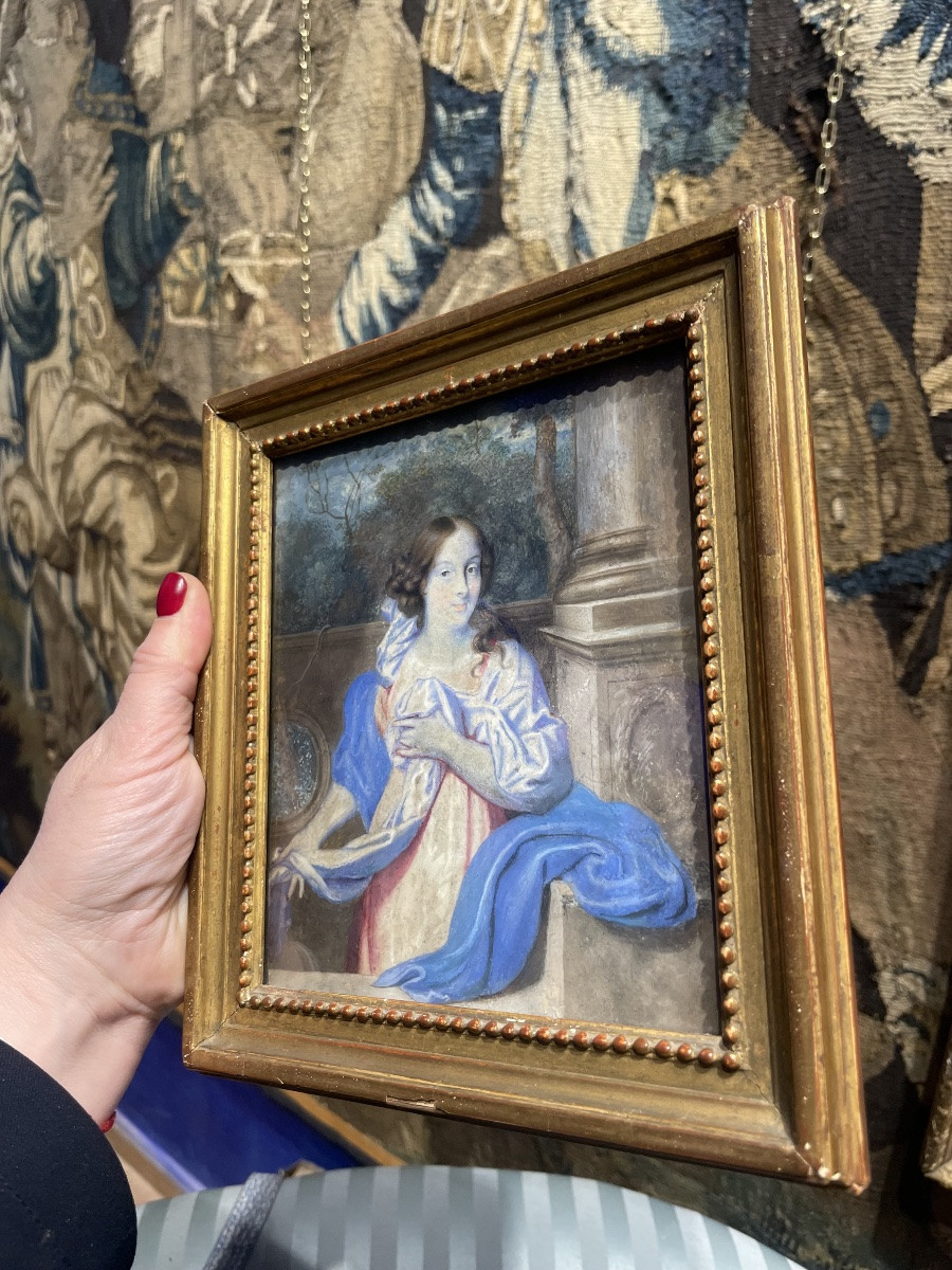 Ritratto di scuola olandese, circa 1670, giovane dama nel giardino davanti a balaustra-photo-7