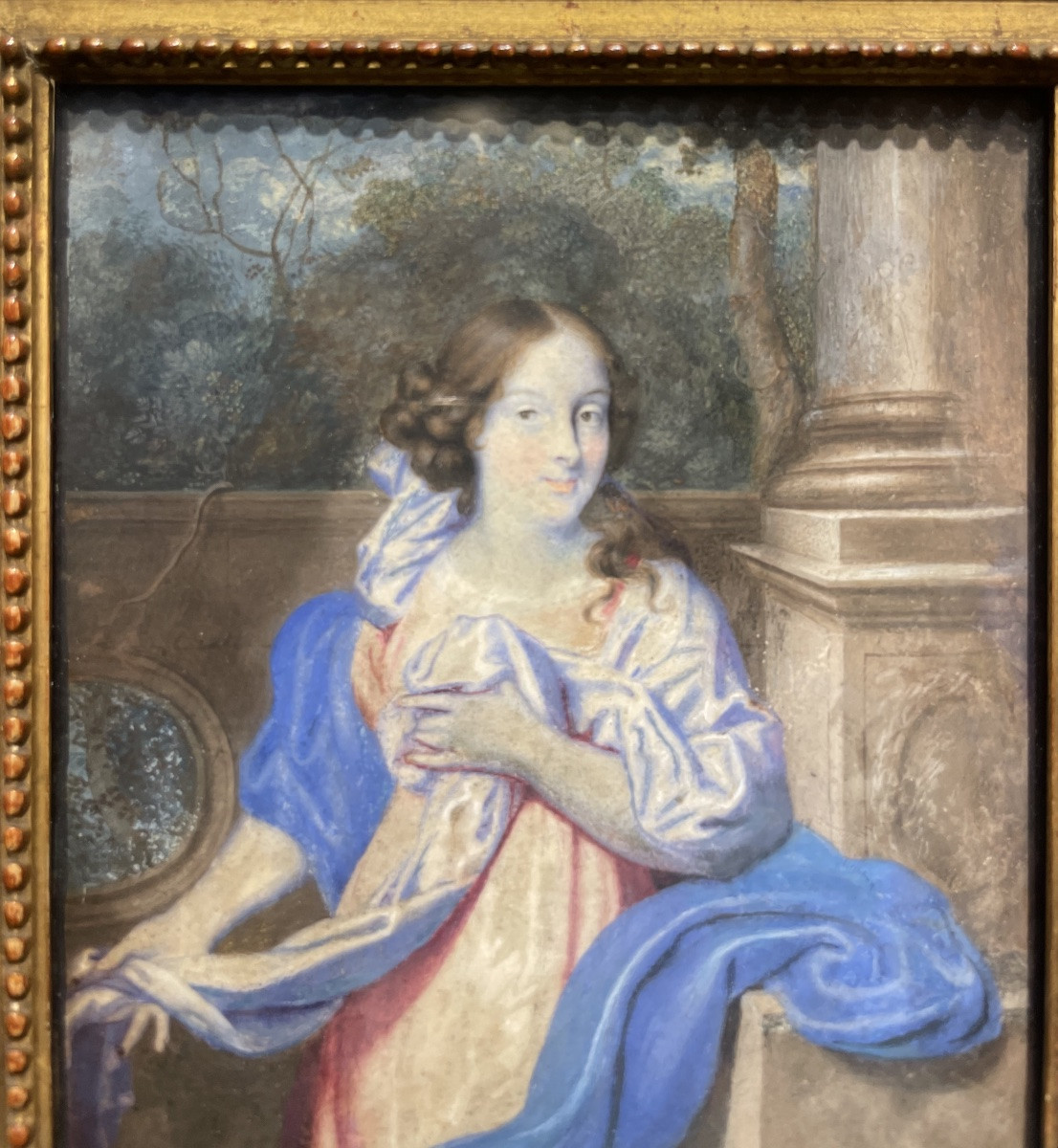 Ritratto di scuola olandese, circa 1670, giovane dama nel giardino davanti a balaustra-photo-8