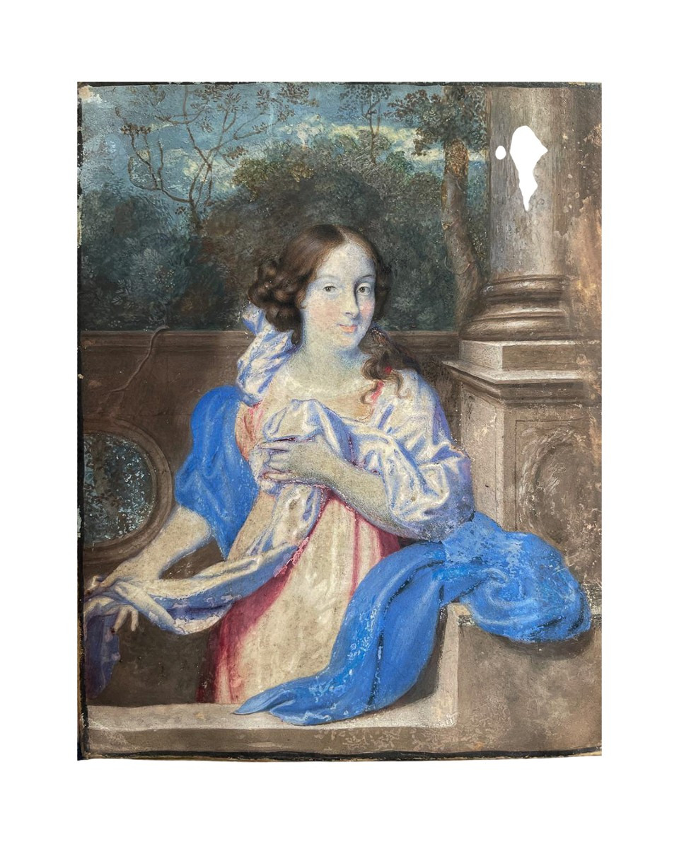 Ritratto di scuola olandese, circa 1670, giovane dama nel giardino davanti a balaustra