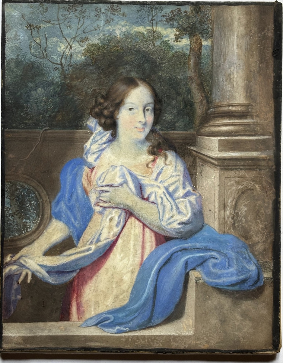 Ritratto di scuola olandese, circa 1670, giovane dama nel giardino davanti a balaustra