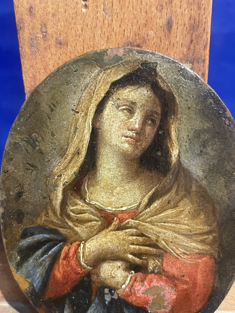 Madonna in preghiera – olio su rame ovale da restaurare, Italia fine XVII – inizio XVIII secolo-photo-2