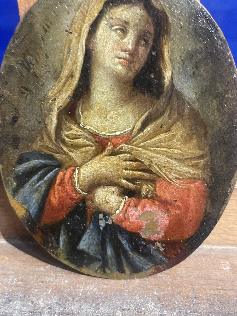Madonna in preghiera – olio su rame ovale da restaurare, Italia fine XVII – inizio XVIII secolo-photo-3