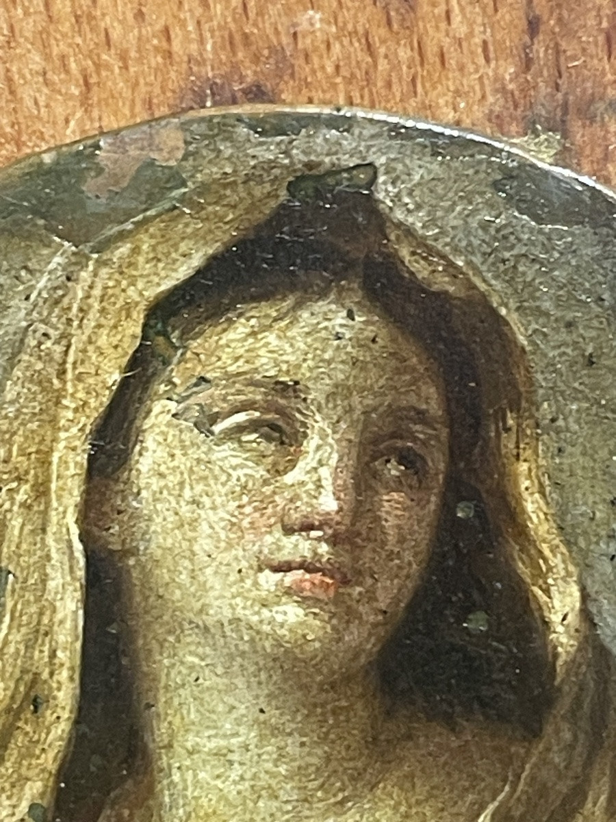 Madonna in preghiera – olio su rame ovale da restaurare, Italia fine XVII – inizio XVIII secolo-photo-3