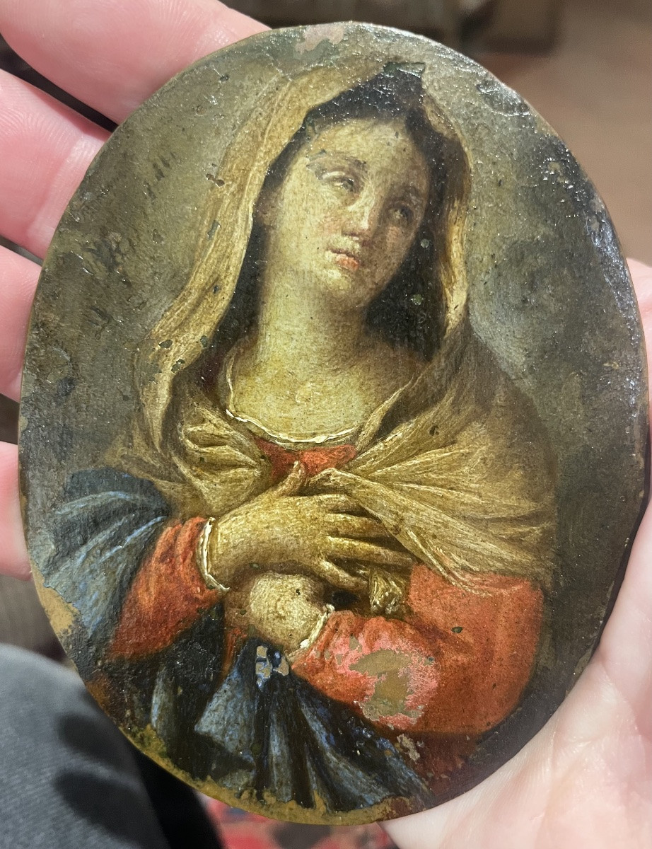 Madonna in preghiera – olio su rame ovale da restaurare, Italia fine XVII – inizio XVIII secolo-photo-4