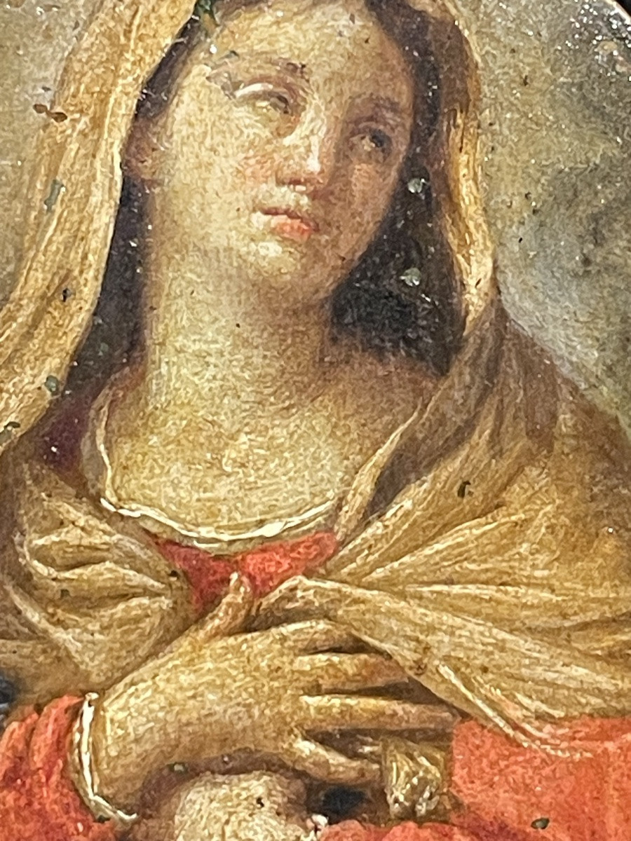 Madonna in preghiera – olio su rame ovale da restaurare, Italia fine XVII – inizio XVIII secolo-photo-6