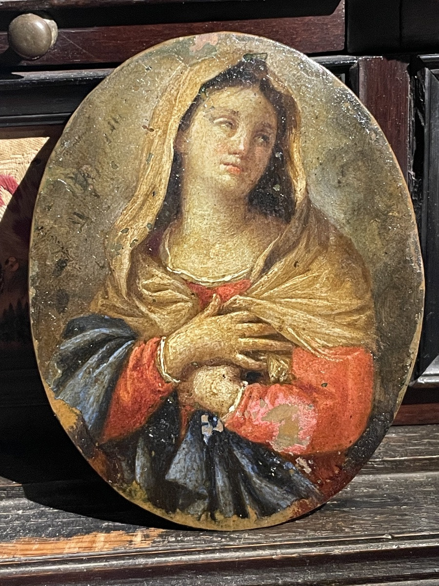 Madonna in preghiera – olio su rame ovale da restaurare, Italia fine XVII – inizio XVIII secolo-photo-8