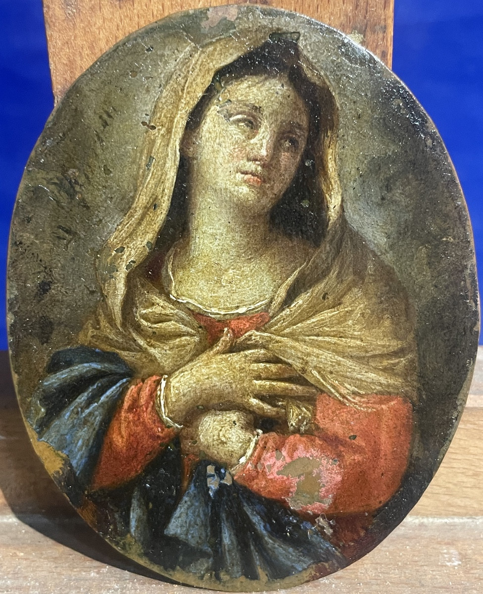 Madonna in preghiera – olio su rame ovale da restaurare, Italia fine XVII – inizio XVIII secolo