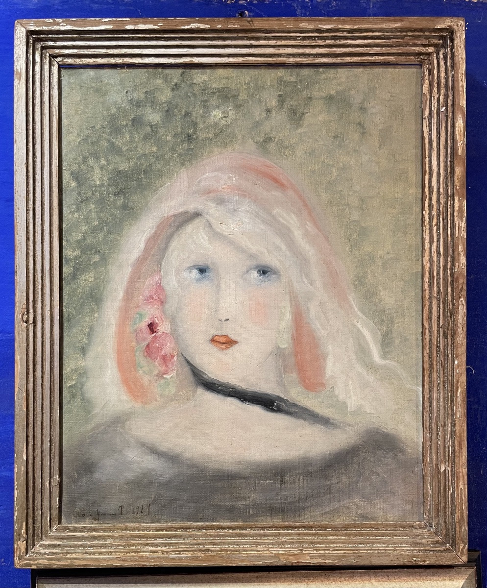 Seguace di Marie Laurencin, ritratto femminile con rosa, olio su tela, ca. 1929, 34,5 x 40,5 cm-photo-2