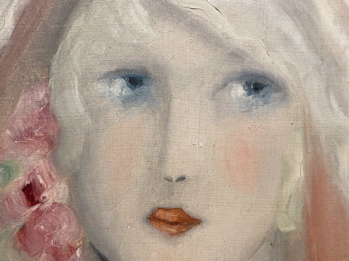 Seguace di Marie Laurencin, ritratto femminile con rosa, olio su tela, ca. 1929, 34,5 x 40,5 cm-photo-4