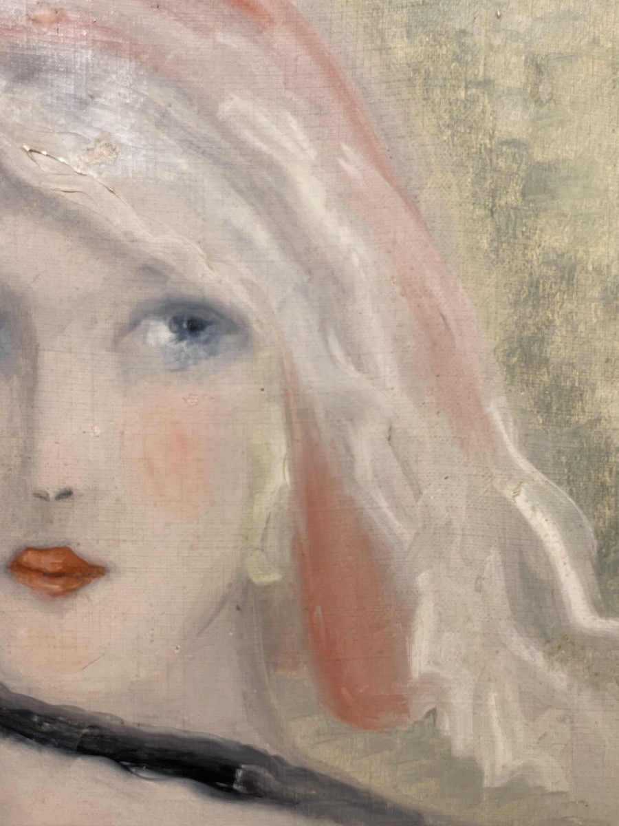 Seguace di Marie Laurencin, ritratto femminile con rosa, olio su tela, ca. 1929, 34,5 x 40,5 cm-photo-2
