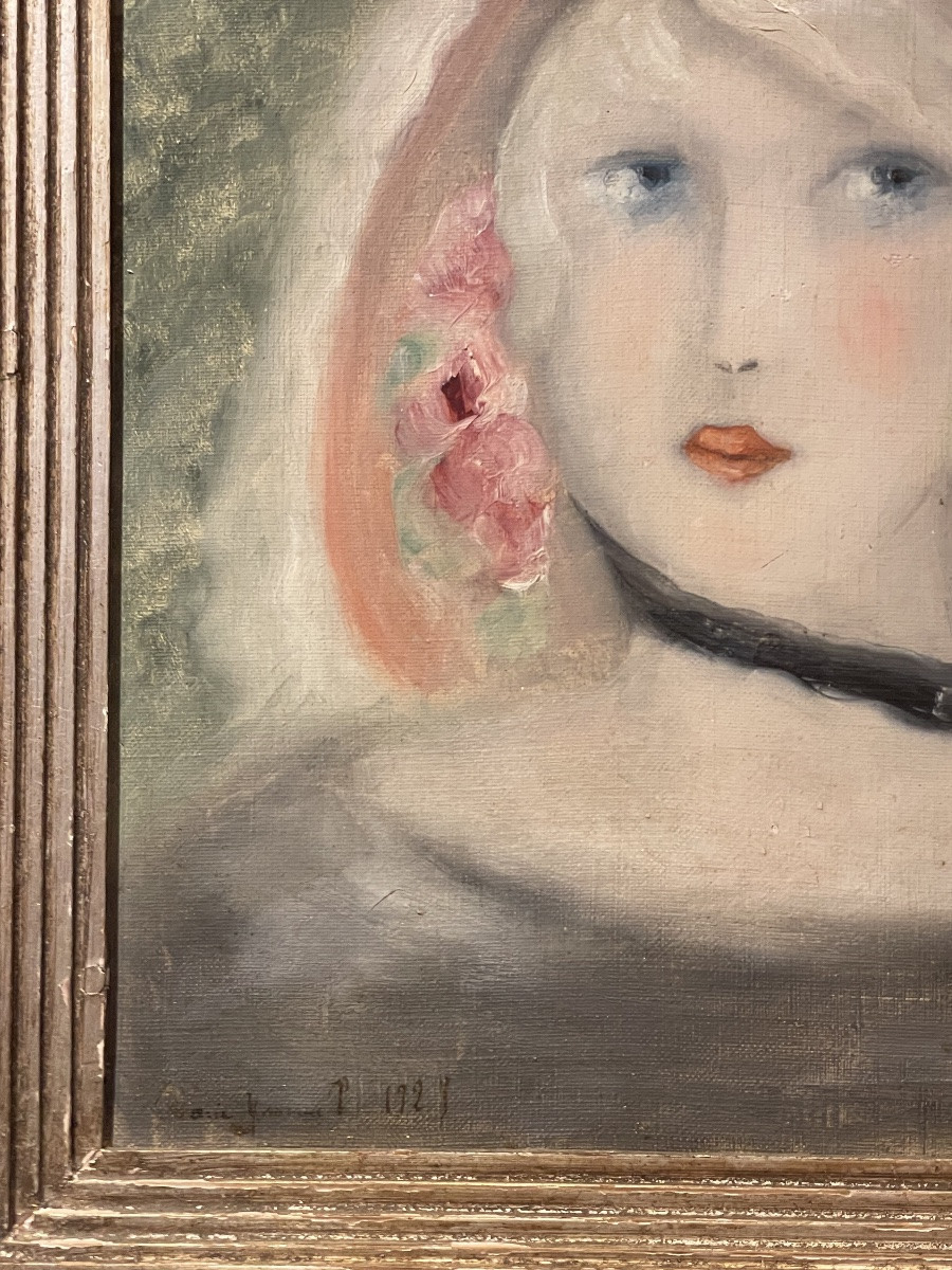 Seguace di Marie Laurencin, ritratto femminile con rosa, olio su tela, ca. 1929, 34,5 x 40,5 cm-photo-4