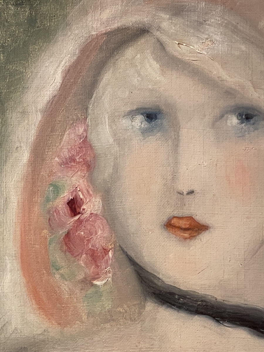Seguace di Marie Laurencin, ritratto femminile con rosa, olio su tela, ca. 1929, 34,5 x 40,5 cm-photo-8