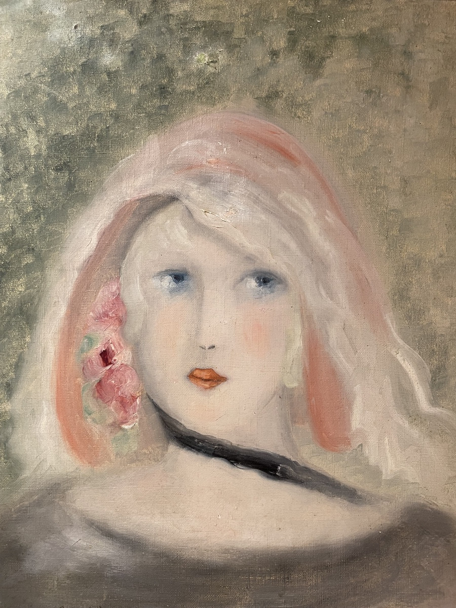 Seguace di Marie Laurencin, ritratto femminile con rosa, olio su tela, ca. 1929, 34,5 x 40,5 cm
