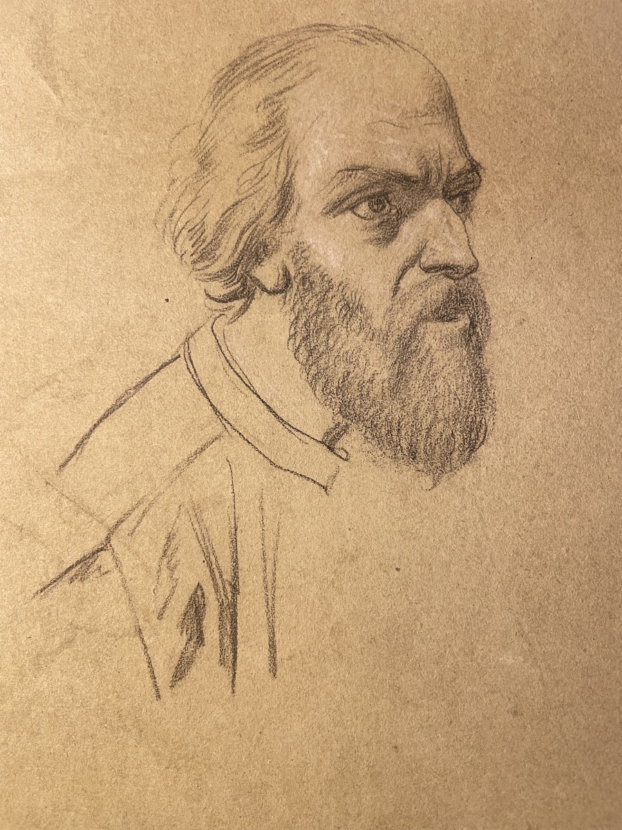 Tre studi accademici maschili su carta verdolina – nudo, panneggio e testa barbuta, metà XIX s-photo-3