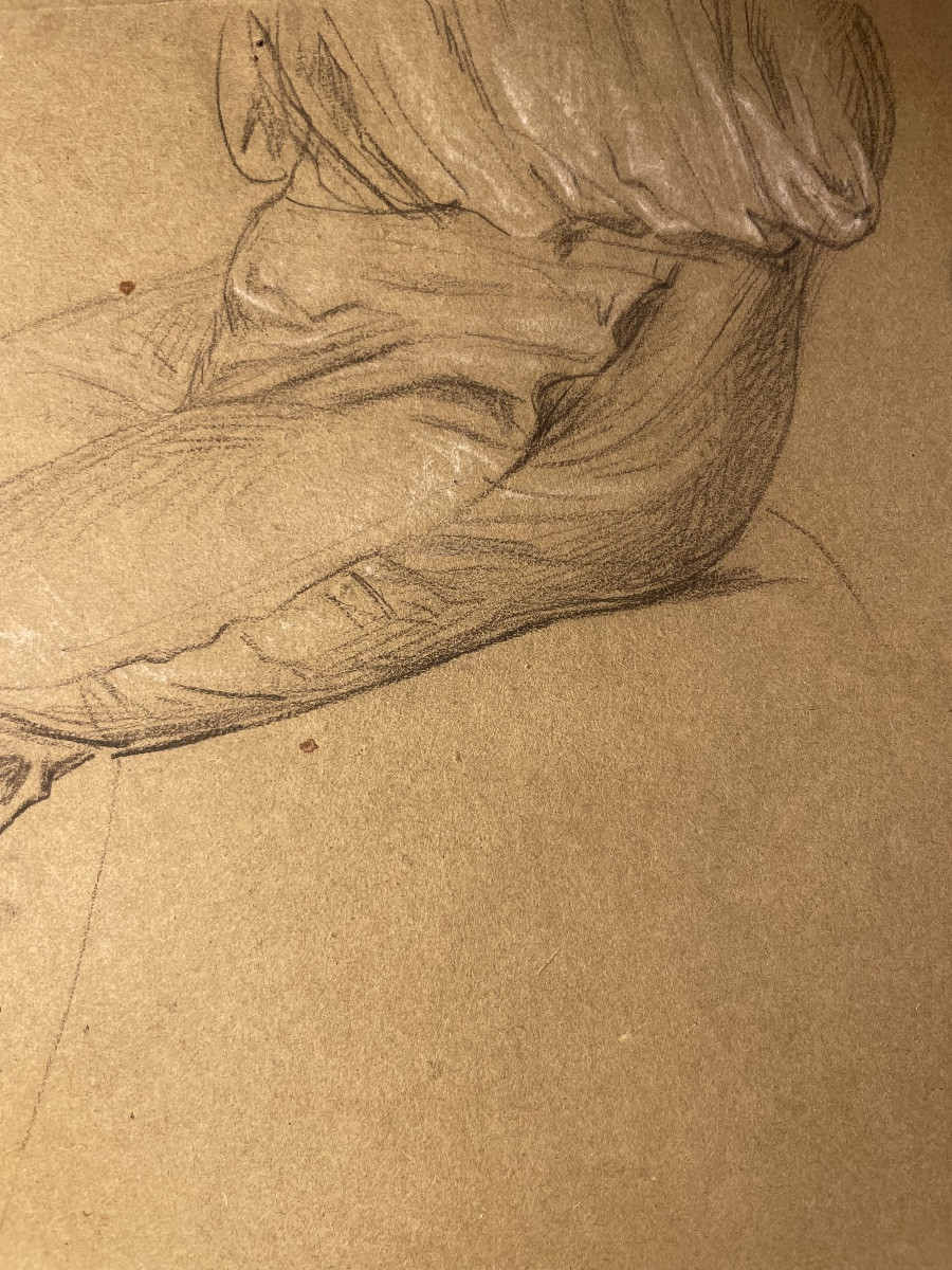 Tre studi accademici maschili su carta verdolina – nudo, panneggio e testa barbuta, metà XIX s-photo-4