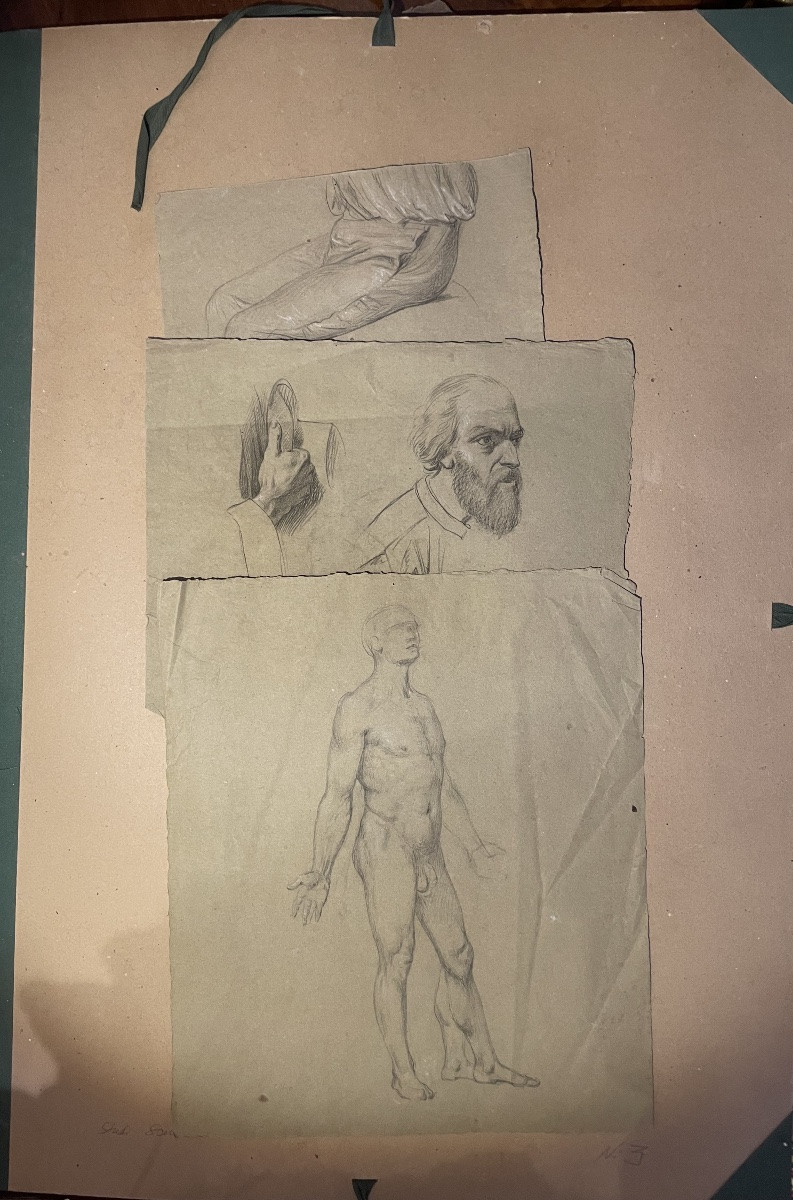 Tre studi accademici maschili su carta verdolina – nudo, panneggio e testa barbuta, metà XIX s-photo-4