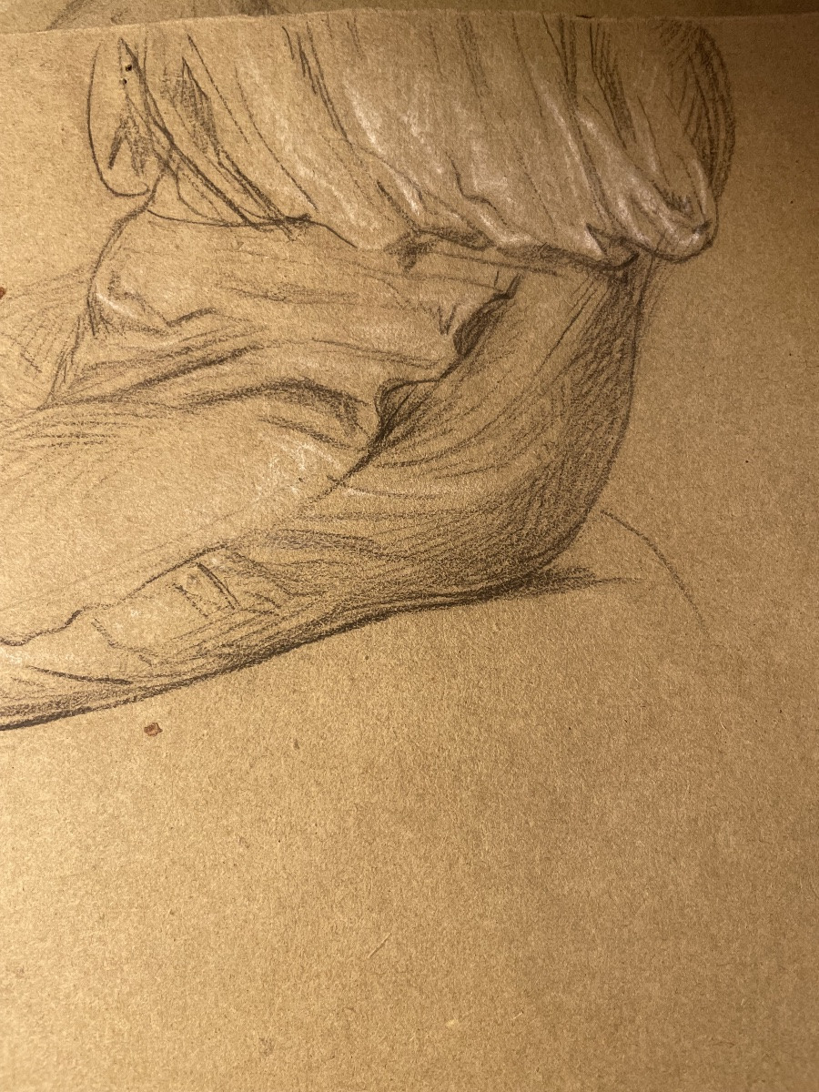 Tre studi accademici maschili su carta verdolina – nudo, panneggio e testa barbuta, metà XIX s-photo-6