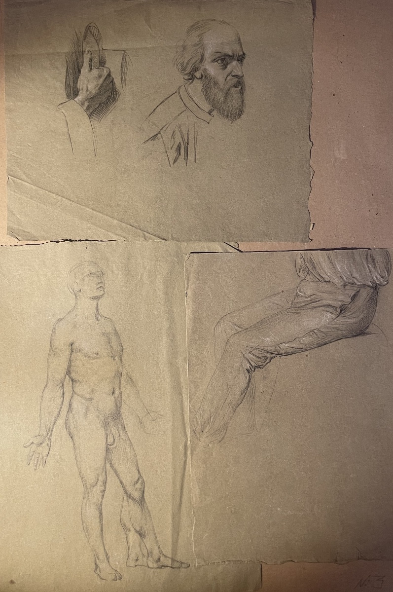 Tre studi accademici maschili su carta verdolina – nudo, panneggio e testa barbuta, metà XIX s