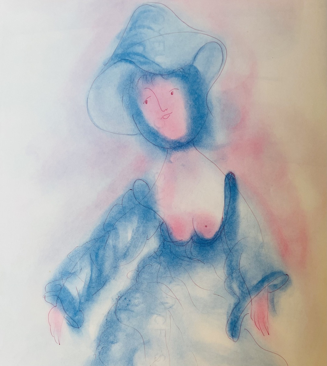 Antonio Monasterio – Donna in abito blu con cappello, pastello firmato, N. 11  -photo-1