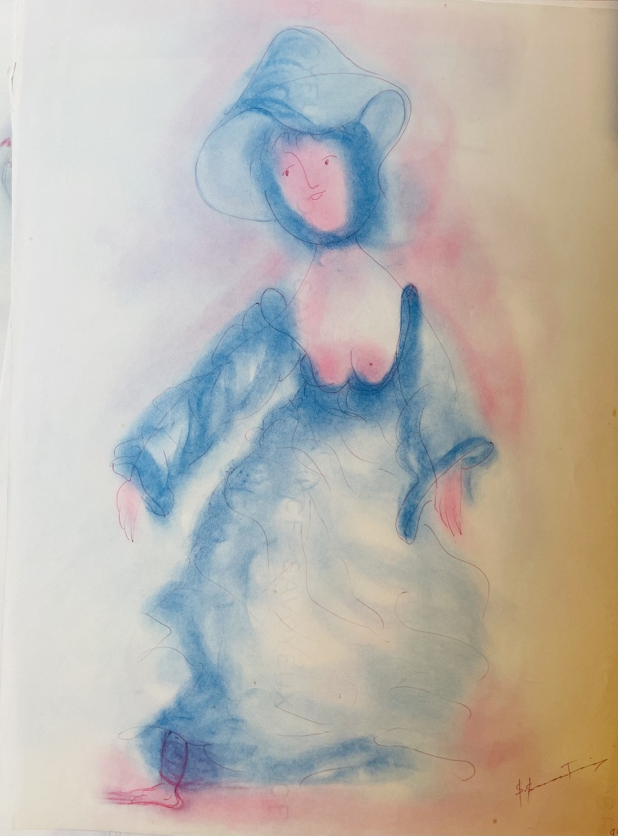 Antonio Monasterio – Donna in abito blu con cappello, pastello firmato, N. 11  