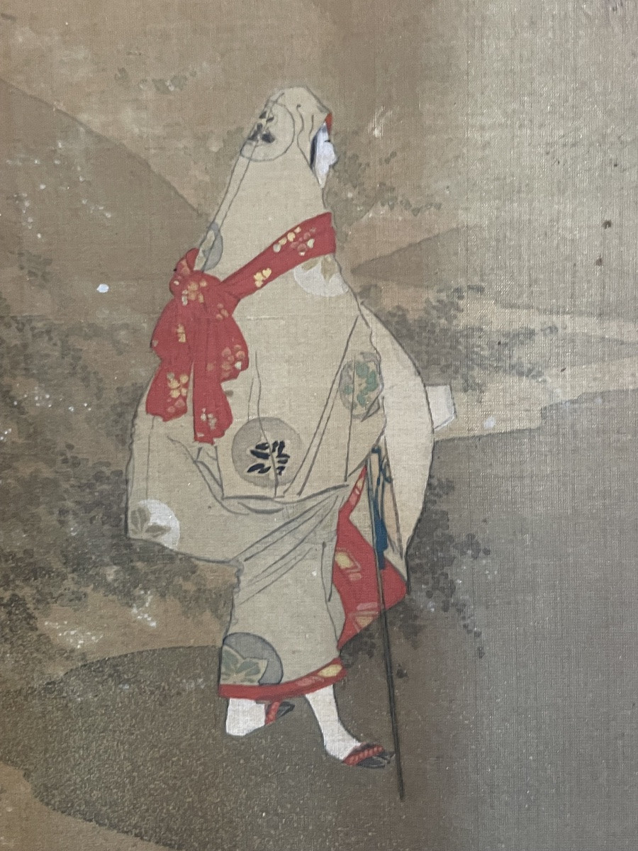 Dipinto giapponese su seta Meiji, figura femminile in kimono antico con obi rosso, 31 x 38 cm-photo-2