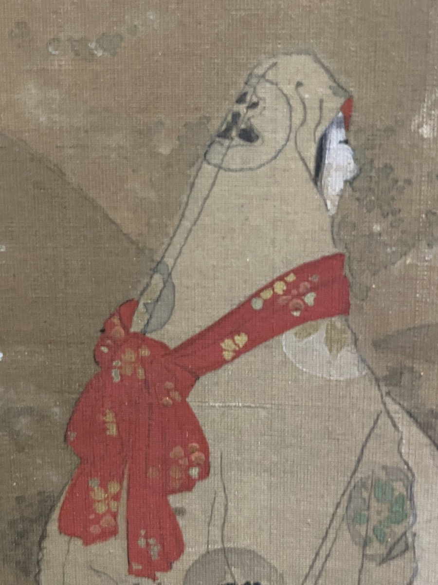 Dipinto giapponese su seta Meiji, figura femminile in kimono antico con obi rosso, 31 x 38 cm-photo-4