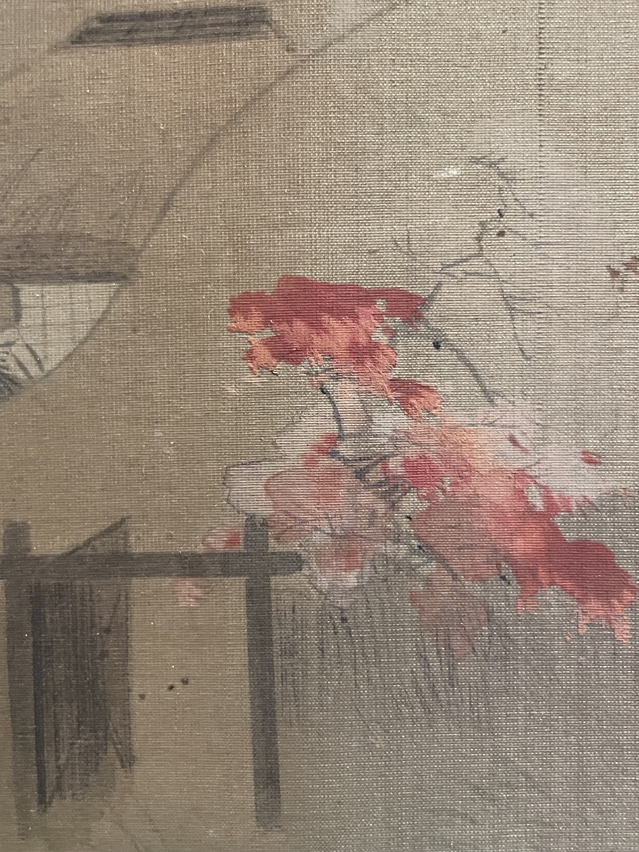 Dipinto giapponese su seta Meiji, figura femminile in kimono antico con obi rosso, 31 x 38 cm-photo-1