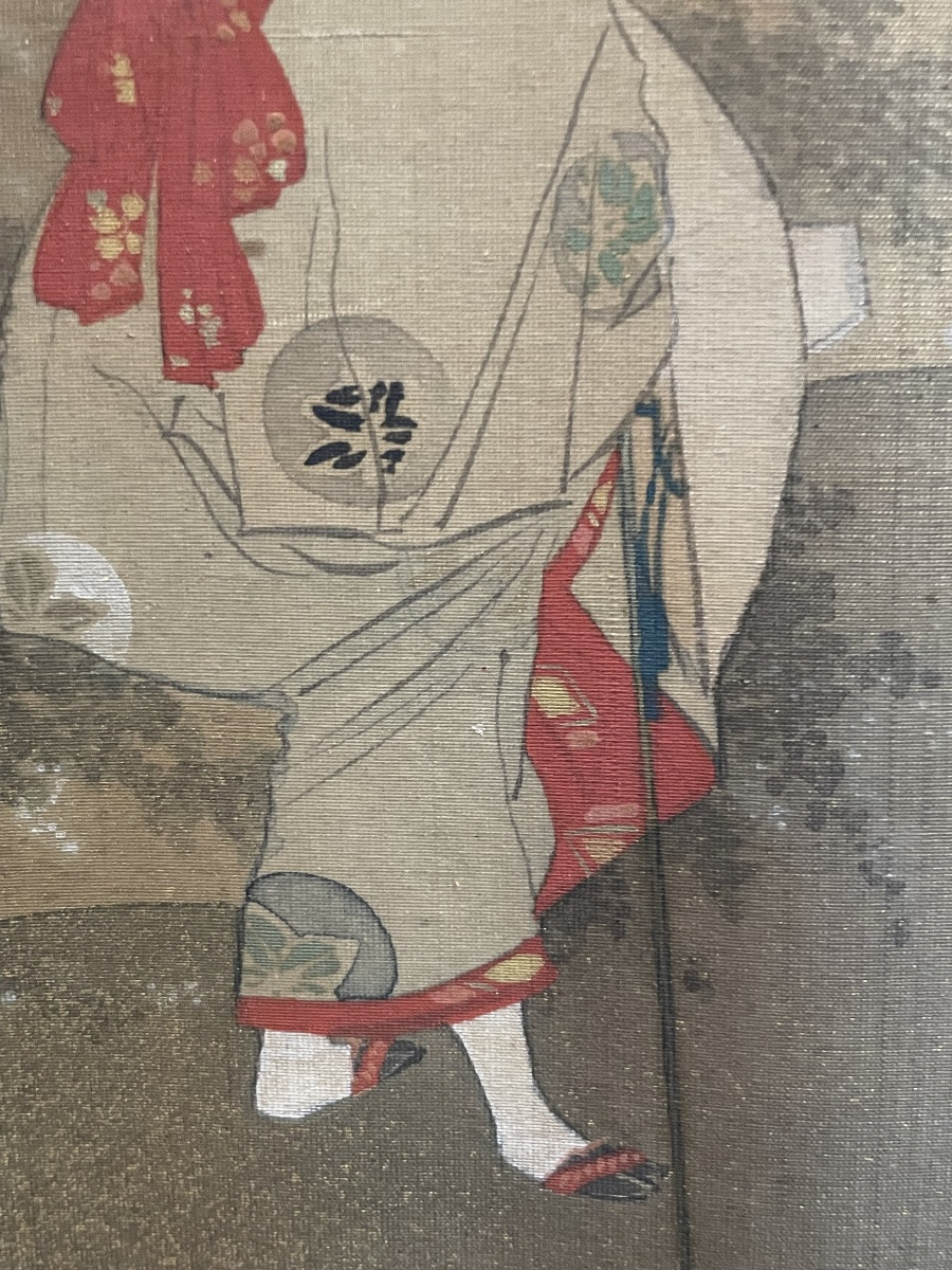 Dipinto giapponese su seta Meiji, figura femminile in kimono antico con obi rosso, 31 x 38 cm-photo-2