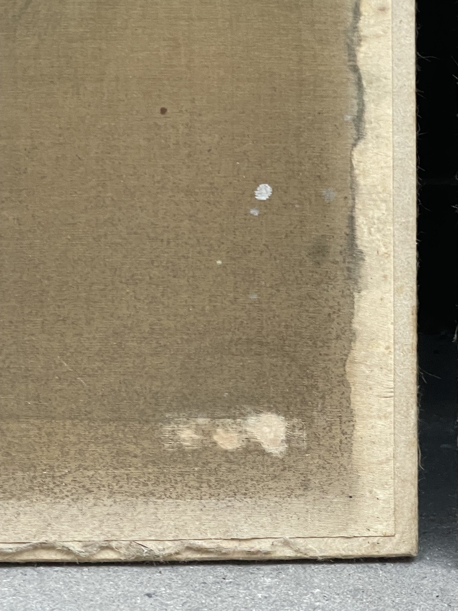 Dipinto giapponese su seta Meiji, figura femminile in kimono antico con obi rosso, 31 x 38 cm-photo-5